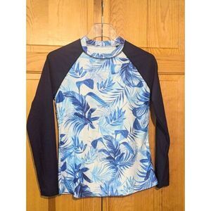 Women Rash Guard Swim Top‎ Sz S Blue White Long Sleeve